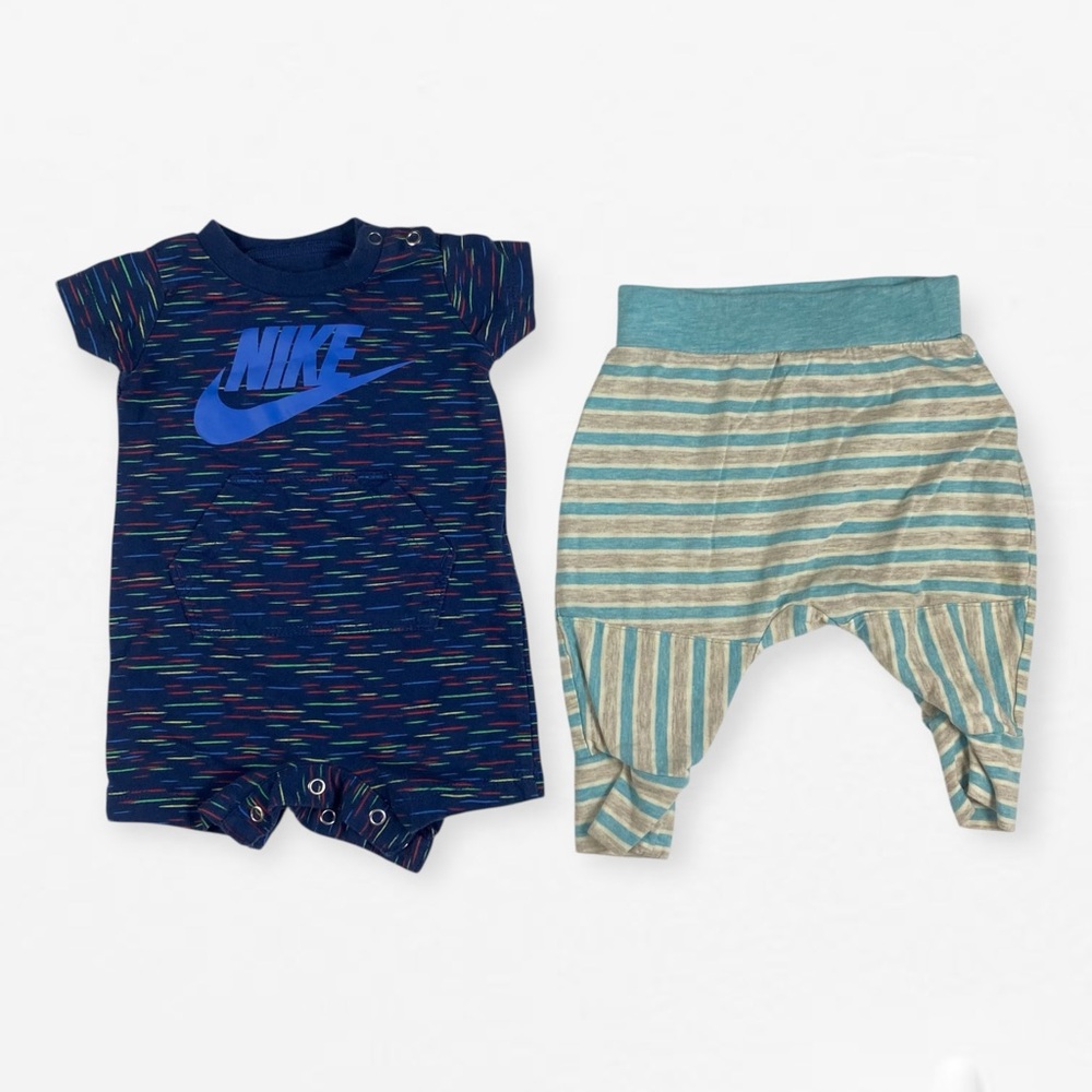 Nike Newborn Baby Romper onesie and Patagonia 0-3M Striped Pants lot set